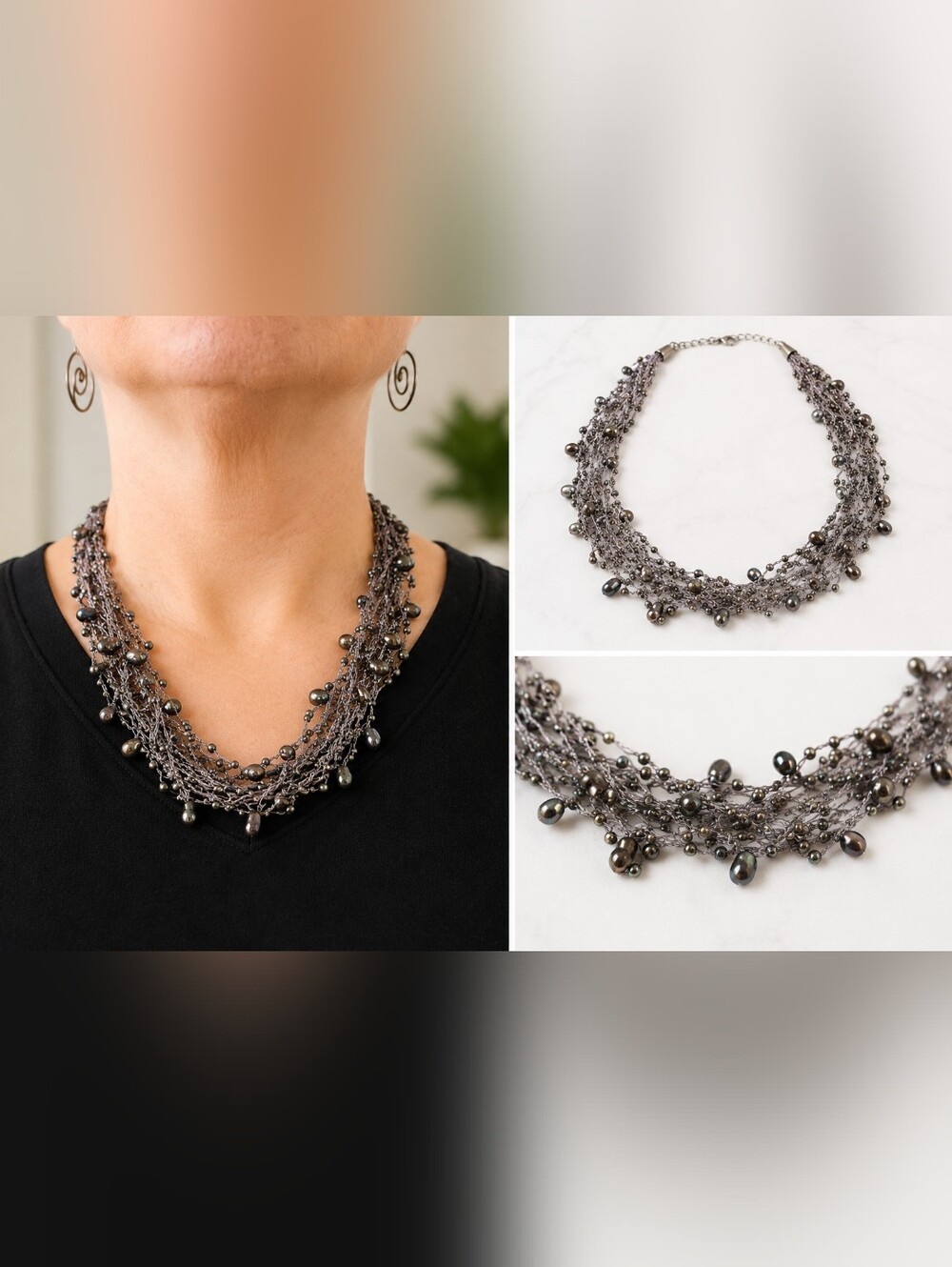 Multi-Strand Dark Gray Pearl Cluster Necklace - Women Jewelry